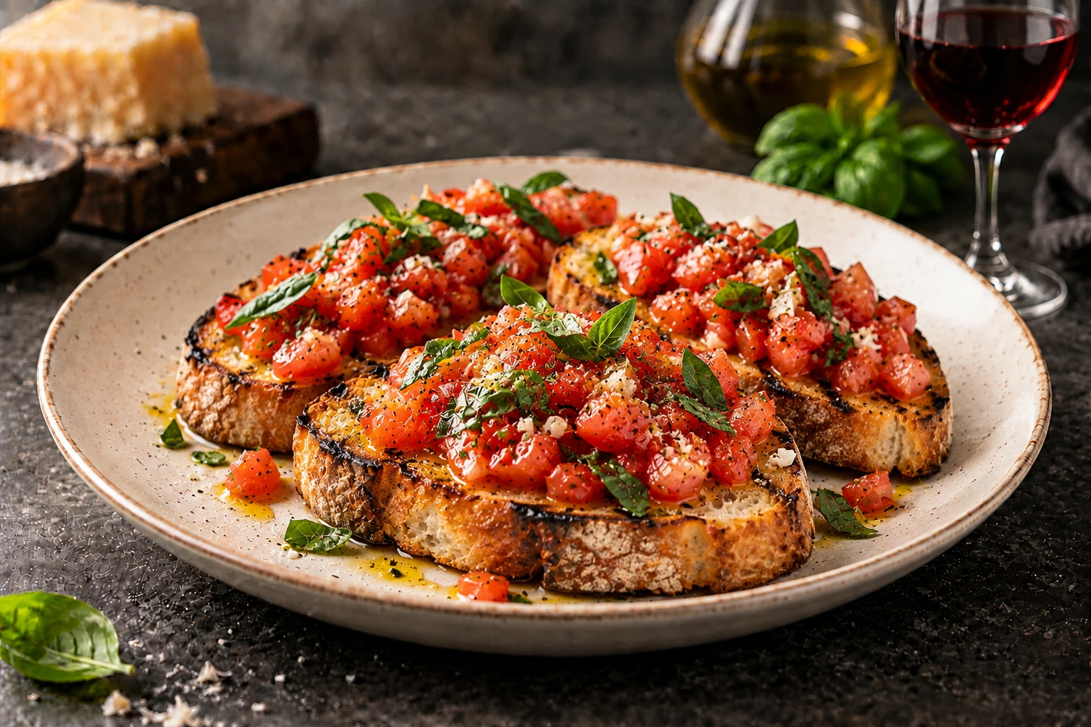 Bruschetta mit Tomaten, Basilikum und Parmesan